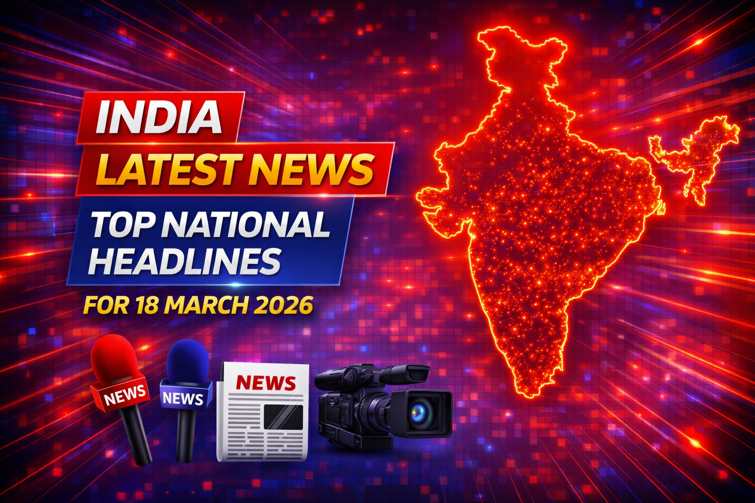 India latest news infographic showing top national headlines for 18 March 2026